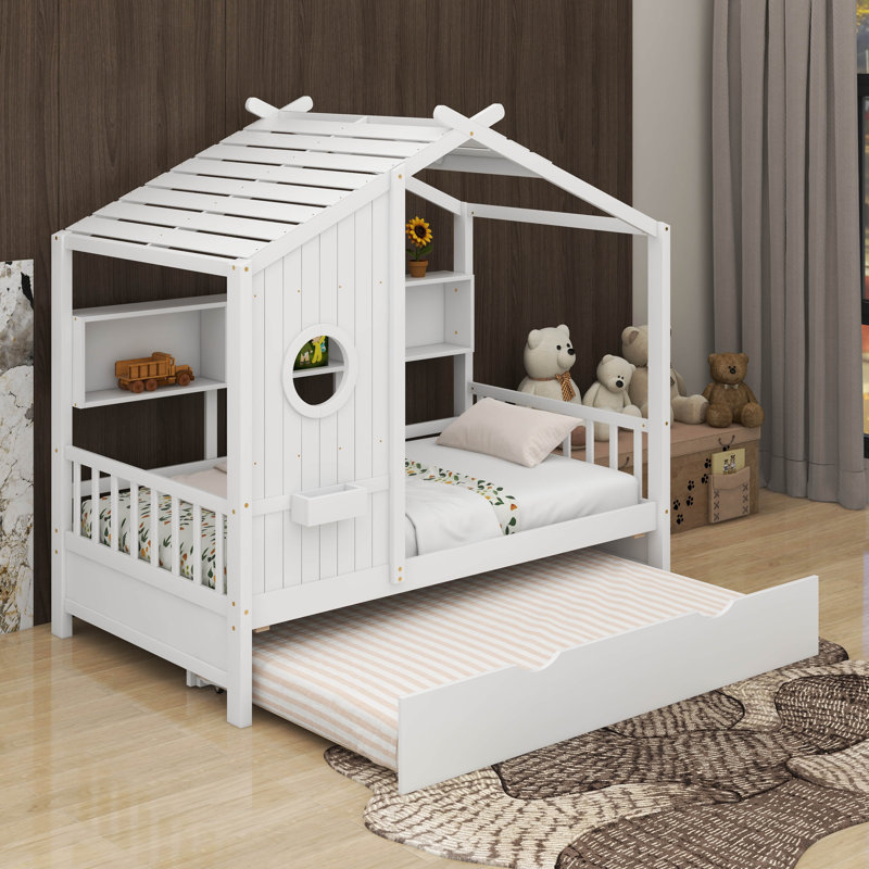 Lit simple avec lit gigogne et tablette, Blanc