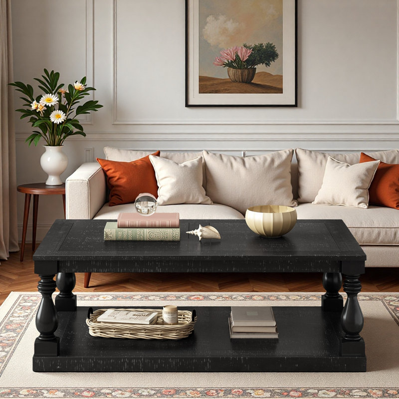 Table basse rétro avec pieds de colonne de vase, placage de pin et tablette inférieure, Noir