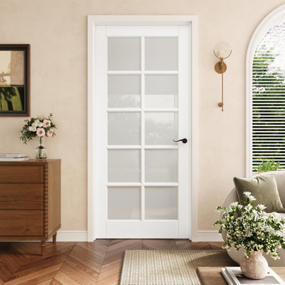 Porte pré-suspendue en verre givré 10-Lite 36 po x 80 po avec charnières noires, dalle de porte en verre avec cadre, porte intérieure comme porte de garde-manger, porte de chambre à coucher, porte de buanderie, portes de placard, portes de pièce, main gauche