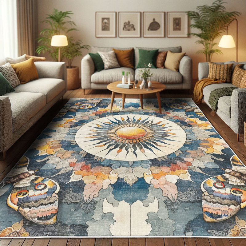 Bohemian Blue Sun and Moth Synthetic Area Rug 2'3" x 3'9"