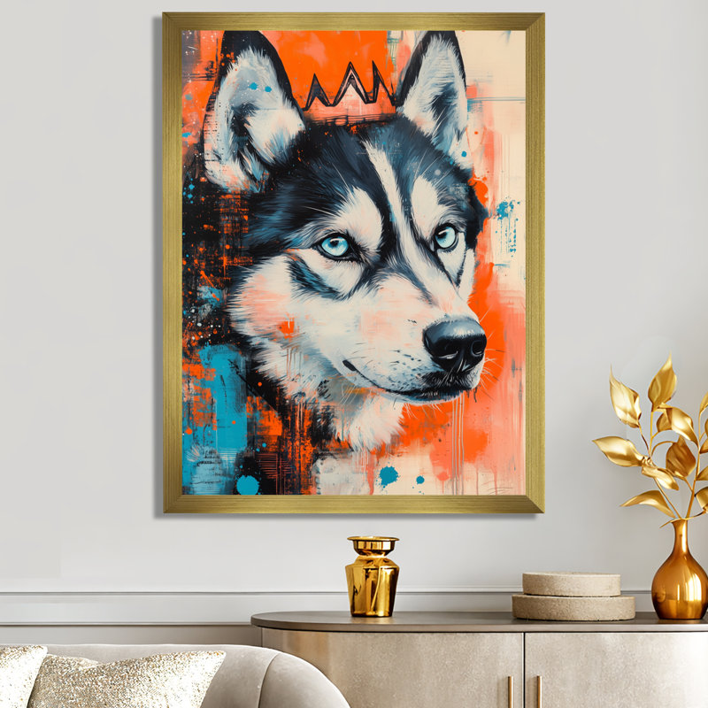 Décoration murale encadrée de style pop art animalier audacieux - Chien Husky, H 20 po x l 12 po, Encadrement doré