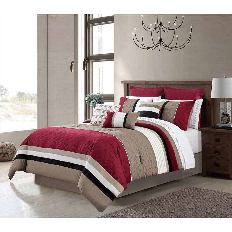 Ensemble d'édredon en microfibre 7 pièces, Grand, Gris / rouge / blanc