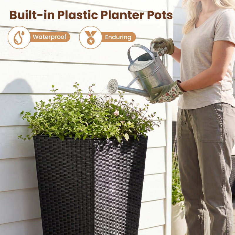 Set Of 2 Tall Rattan Planters With Detachable Plastic Liners, Black, 24" H x 11" W x 11" D, Black, 2