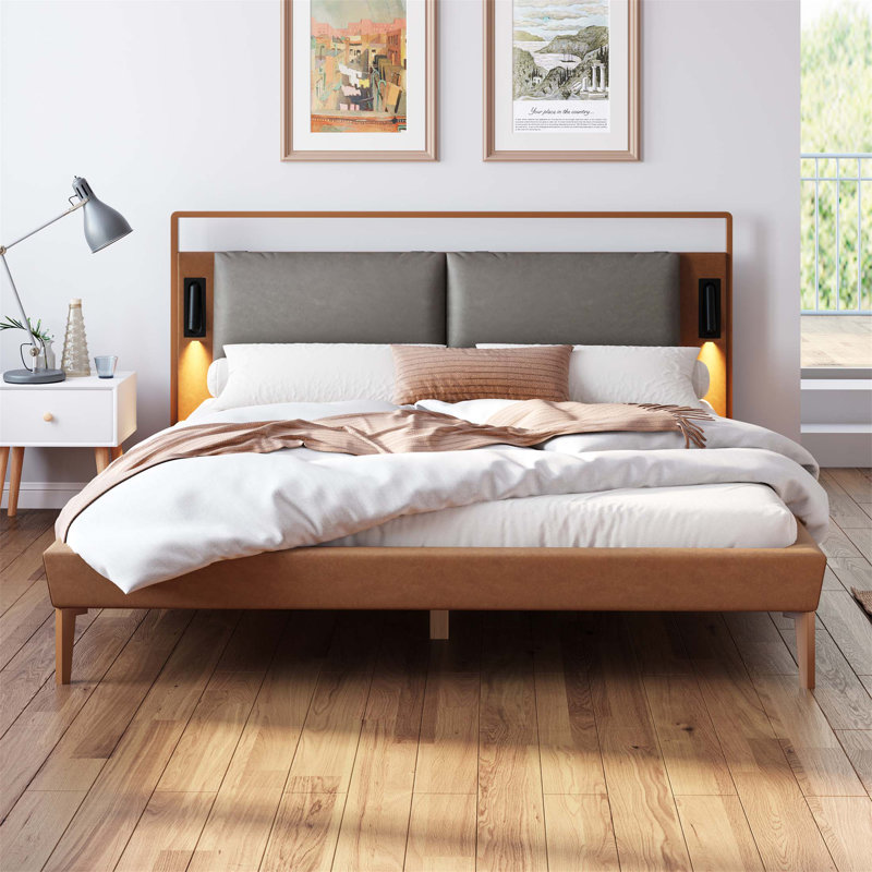Lit moderne en cuir brun et gris avec veilleuses réglables à DEL, tête de lit ergonomique et cadre robuste, Lit double
