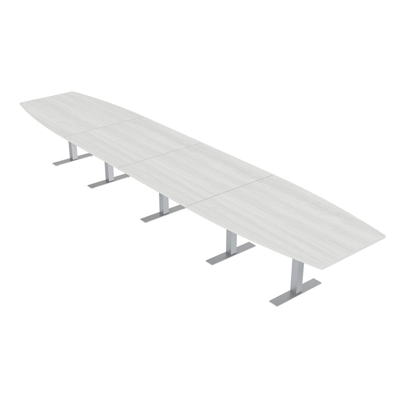 Table de conférence en forme de bateau avec base en T en métal, L 240 po x l 48 po, Cyprès blanc, Argent argent