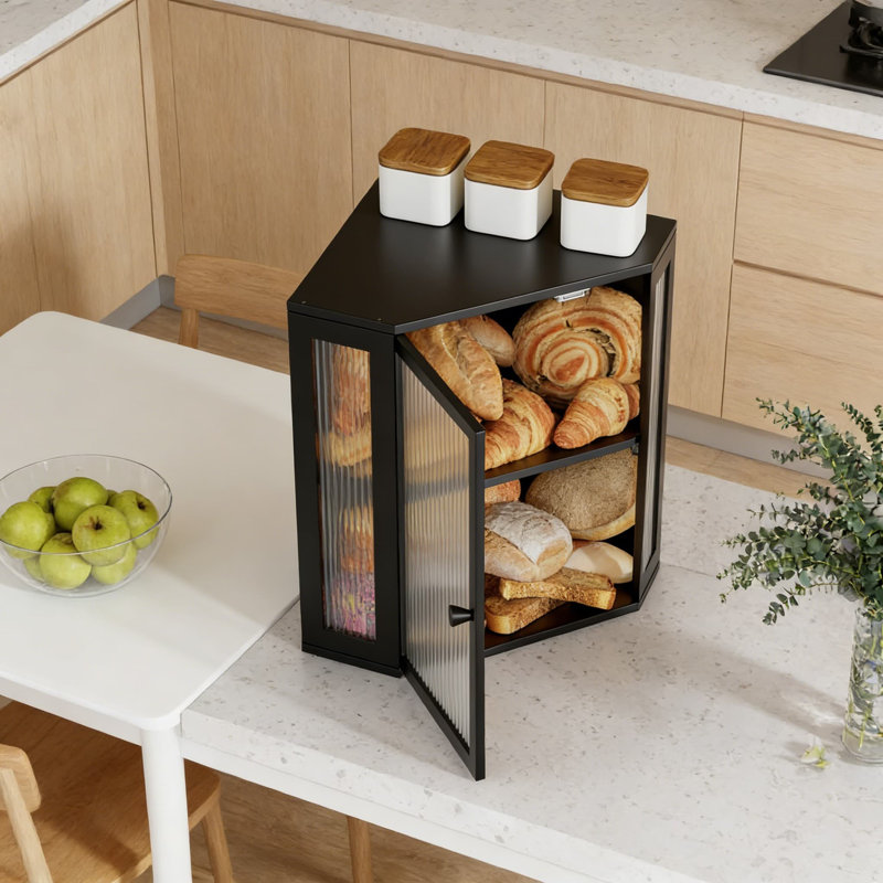 Corner Bread Box For Kitchen Countertop With Acrylic Door, Double Layer Large Capacity Bread Storage Bin And Container, Black