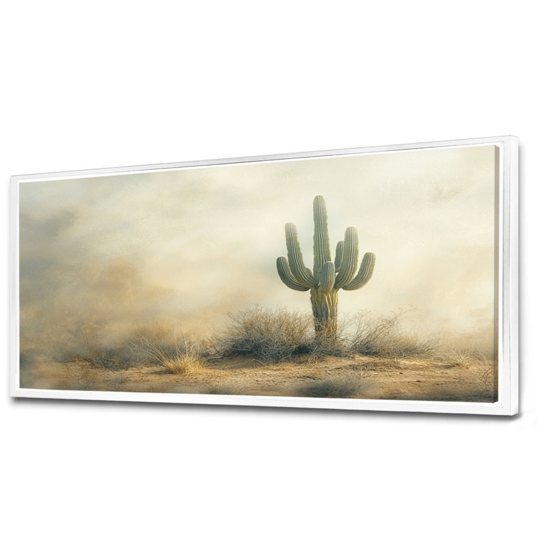 Cactus tempête de sable II - cactus, art mural, H 28 po x l 60 po, Cadre flottant, Blanc