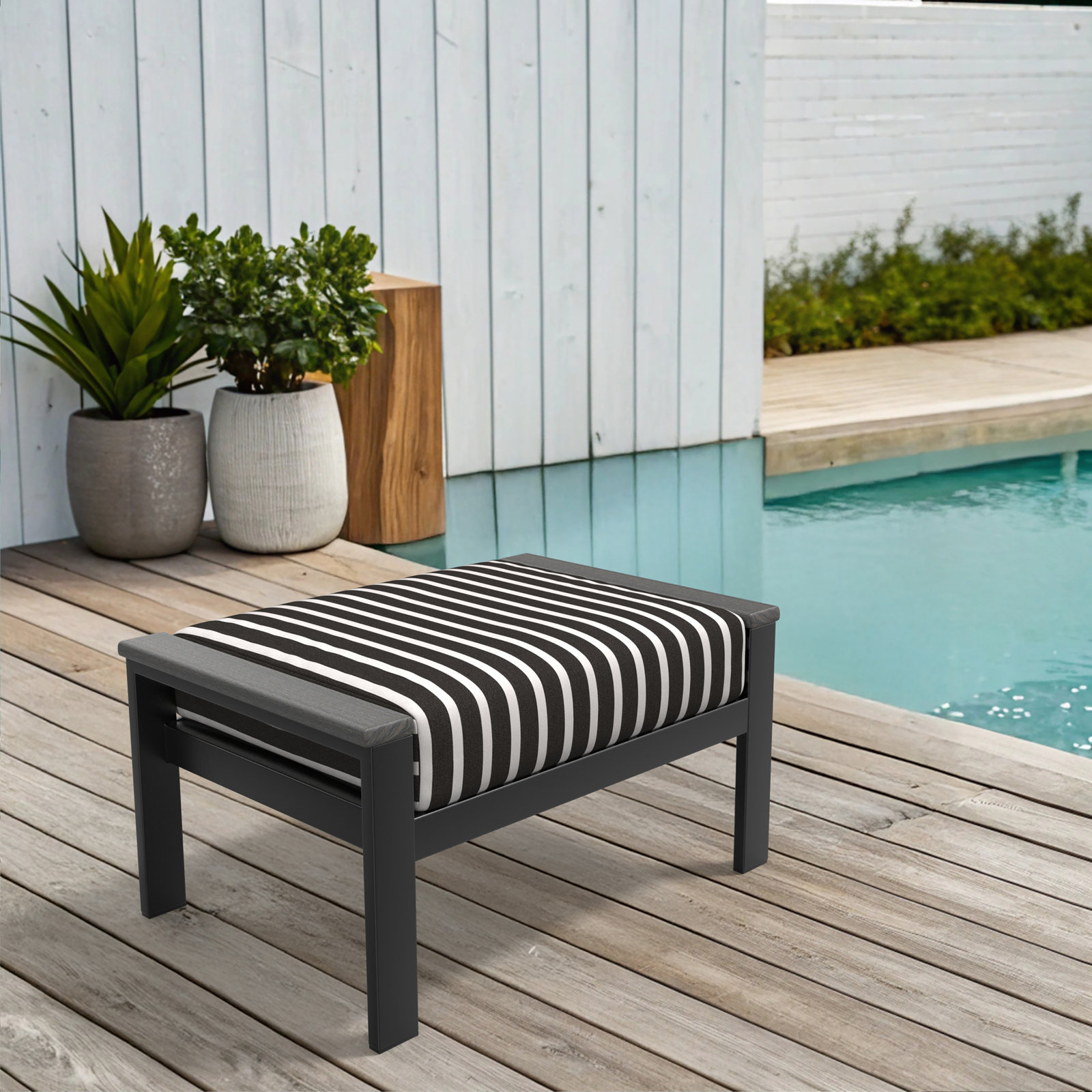 Townsend Metal Outdoor Ottoman with Sunbrella Cushion, Cast Silver Sunbrella®, Yes, White