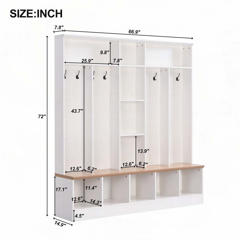 Arbre d'entrée avec banc de rangement, 8 crochets pour les entrées, vestibule, Blanc