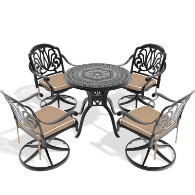 5 All-weather Dining : Cast Aluminum 4 Swivel Chairs & 31.50" Round Table, Black, Protected, With Breathable And Cushions Weather , Stable Chair Table Structure