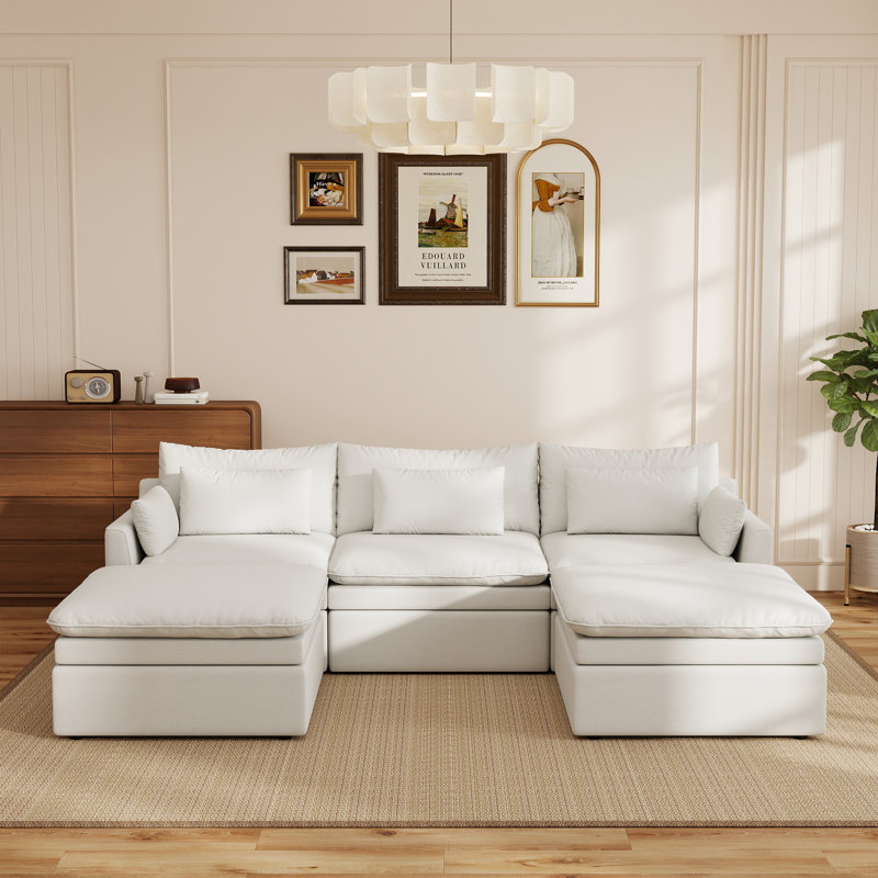 Canapé d'angle Laron 5 pièces en forme de U avec coussins à double couche et pouf, Mélange de polyester blanc