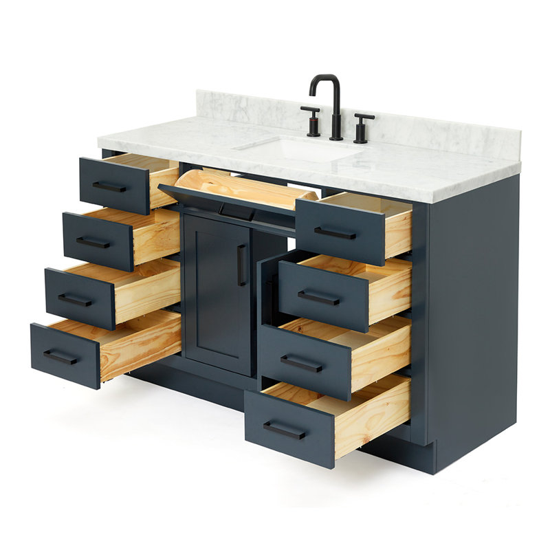 Meuble-lavabo simple en bois massif 54 po avec lavabo en marbre Carrara de 1,5 po Thornaby, Bleu minuit / noir mat