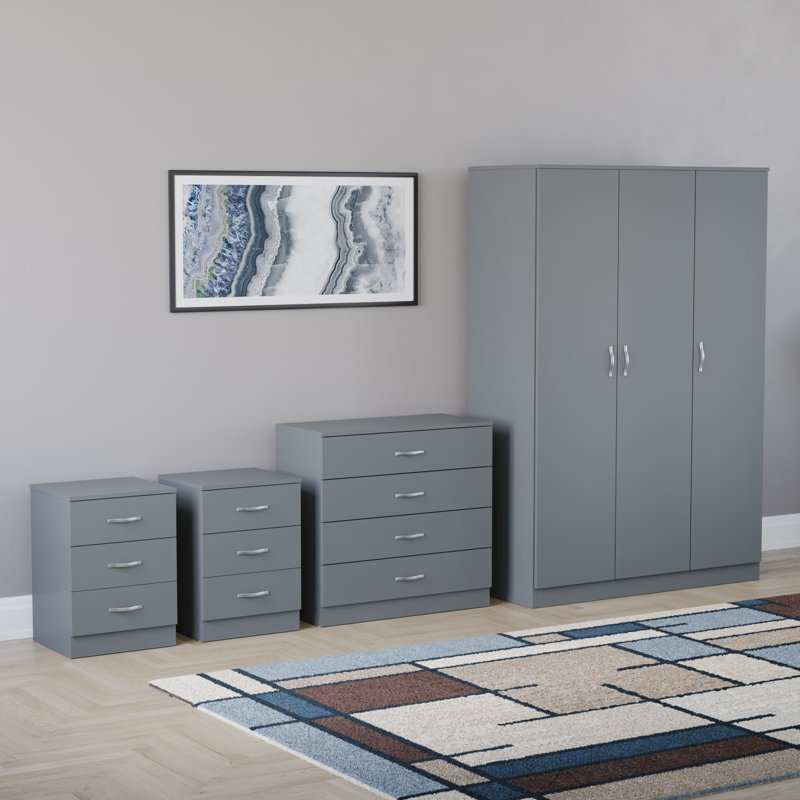 Tayce 4 Piece Bedroom Set (3 Drawer Bedside Chest X2, 4 Drawer Chest, 3 Door Wardrobe), Grey