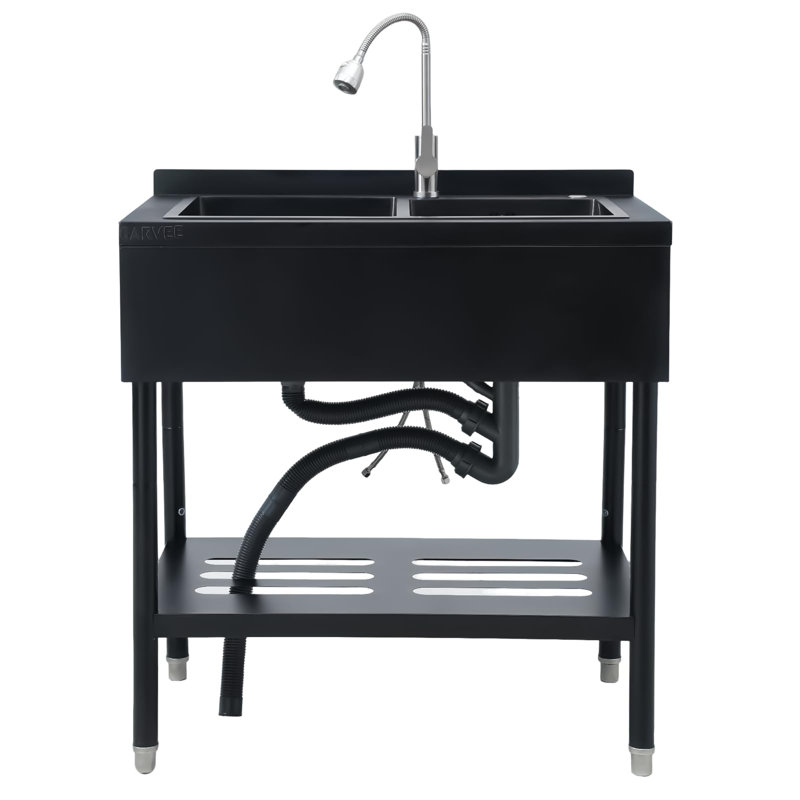304 Stainless Steel 36.6×22.2×38.9inch Double Bowl Utility Sink with Pull-Out Faucet – Freestanding Commercial Wash Station with Integrated   & Open Shelf – Rust-Resistant for Garage. Kitchen & Laundry