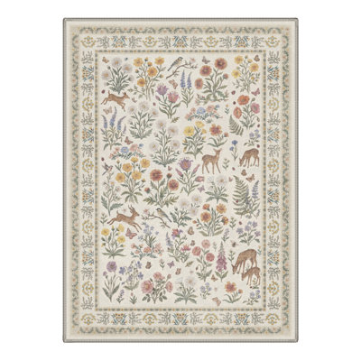 Floral Deer Vintage Machine Washable Beige / Green Indoor Area Rug with Non-Slip Backing