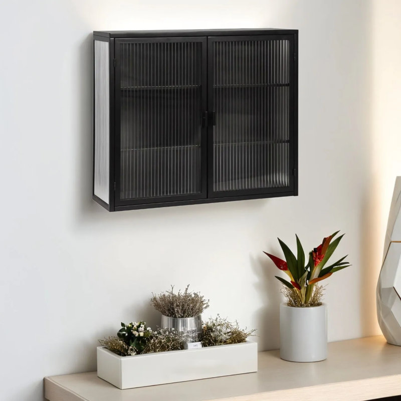 Armoire murale moderne à deux portes avec portes en verre 27,56 po avec trois niveaux de rangement pour le hall d'entrée, la salle de bain et la salle à manger