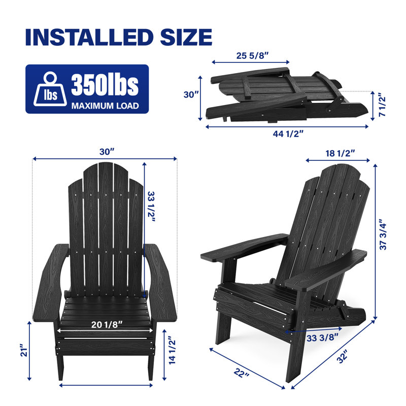 Chaise Adirondack pliante en plastique toutes saisons pour l'extérieur, Noir
