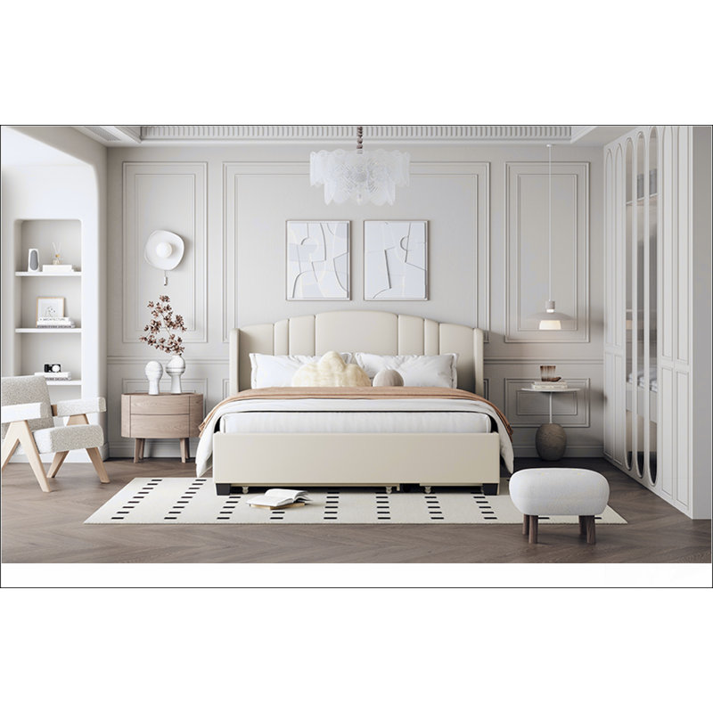 Lit plateforme tapissier avec tête de lit à oreilles, gigogne simple et 2 tiroirs, Beige