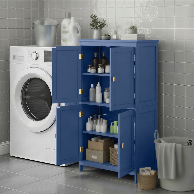 Arhavi 43.3" H 4-Door Floor Storage Cabinet with Adjustable Shelves, Blue/Gold