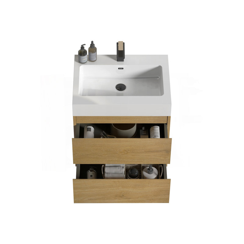 Meuble-lavabo mural en chêne naturel avec lavabo 24 po Alice pour salle de bain moderne pré-assemblé, Chêne naturel, 24"