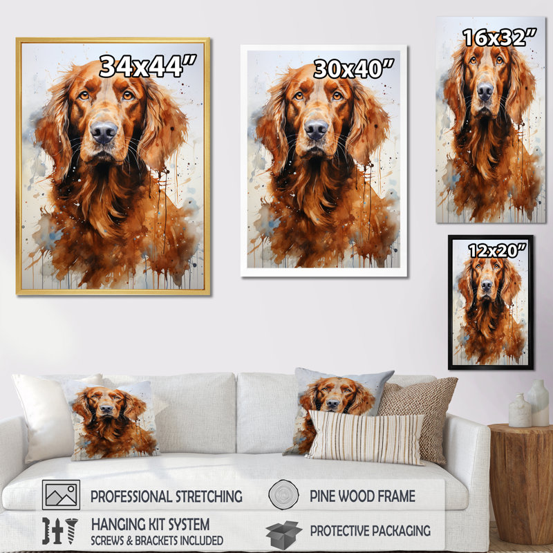 «Dog Irish Setter Impressions», reproduction sur toile, Cadre naturel flottant, H 44 po x l 34 po x P 1,5 po