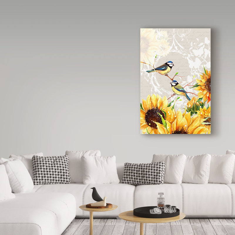 «Myron Sunflower Birds II», art textuel sur toile tendue, H 24 po x l 16 po