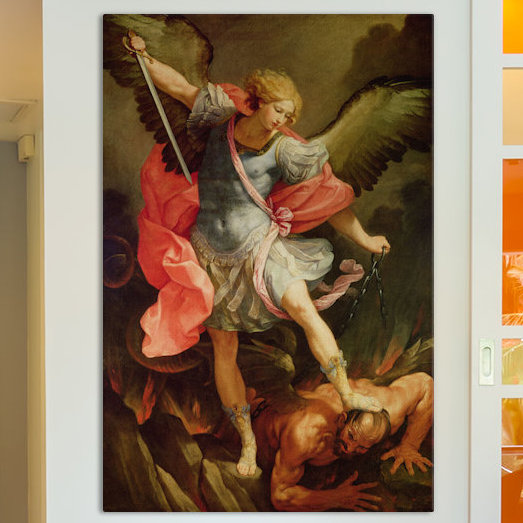 «The Archangel Michael Defeating Satan» par Guido Reni - Estampe numérique sur toile tendue avec châssis, Pas de tapis