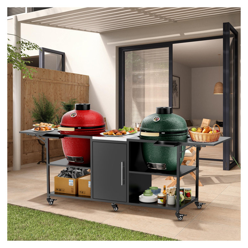 Chariot de barbecue extérieur double pour grandes cuisinières en céramique avec surface de préparation en acier inoxydable, noir et argent