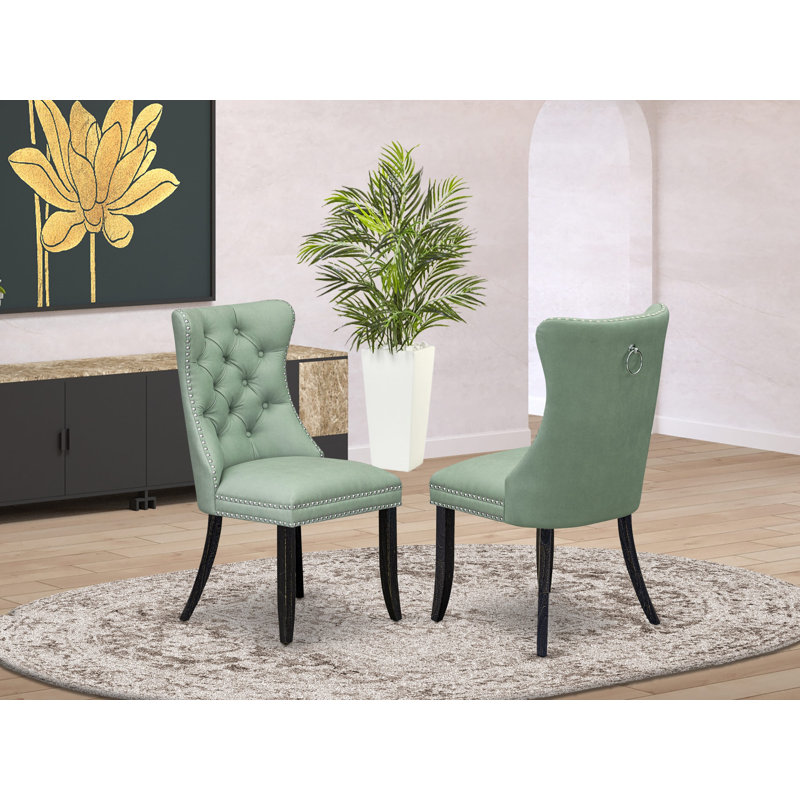 Dallas Parson Chairs - Button Tufted Nailhead Willow Green Polyester Fabric Upholstered Dining Chairs, Set of 2, Sand Blasted Black