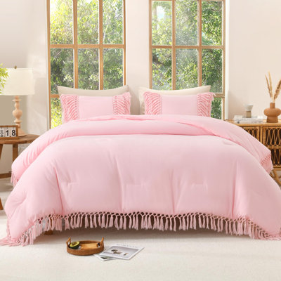Andency Queen Comforter Set Light Pink, 3 Pieces Boho Lightweight Fall Bedding Comforter Sets, Tassel Bed Set (90x90In Comforter & 2 Pillowcases)