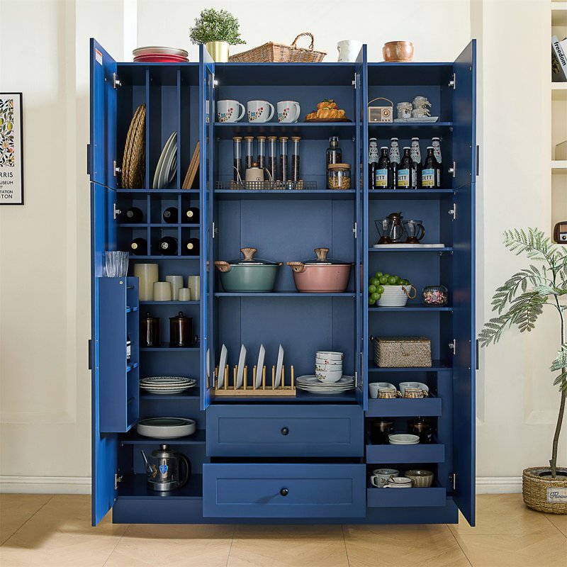 Grand garde-manger moderne avec 6 portes, tablettes réglables, plateaux coulissants et support à vin pour un rangement et une organisation améliorés