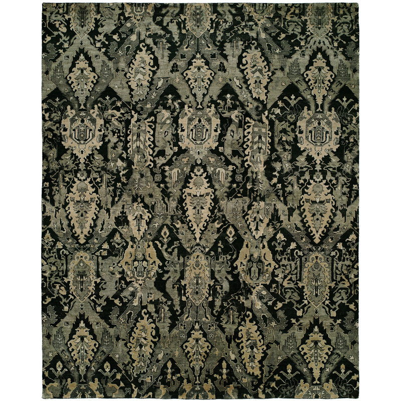 Floral Area Rug in Black/Green, Rectangle 4' x 6'