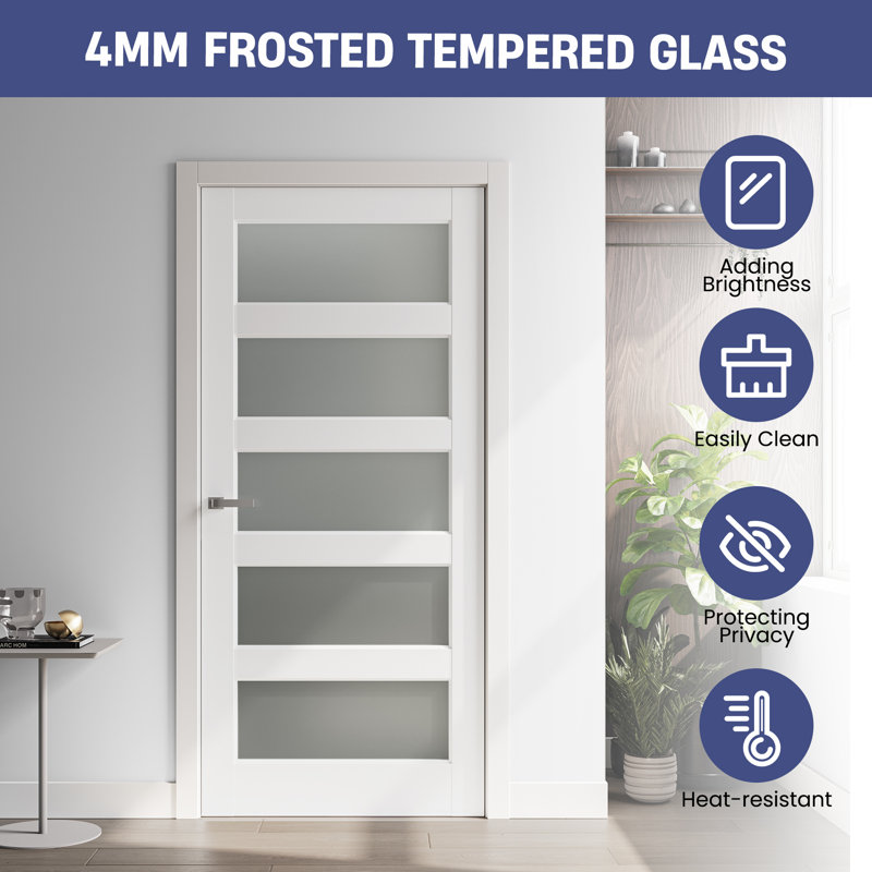 32" x 80" White Primed MDF 5-Lite Frosted Glass Interior Door Slab