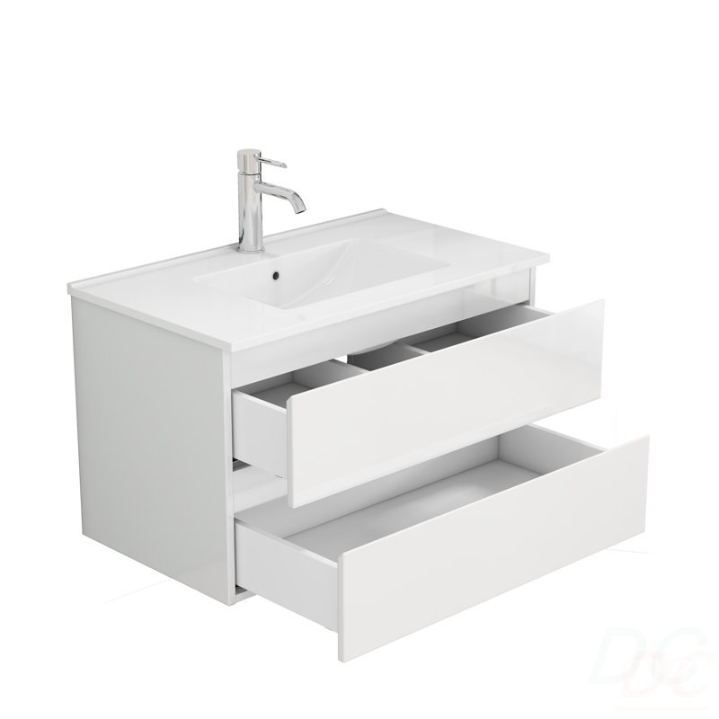 Meuble-lavabo de 31,5 po avec lavabo combiné, armoire avec 2 grands tiroirs, système de fermeture en douceur, 2 grands tiroirs, conception sans poignée, assemblage facile