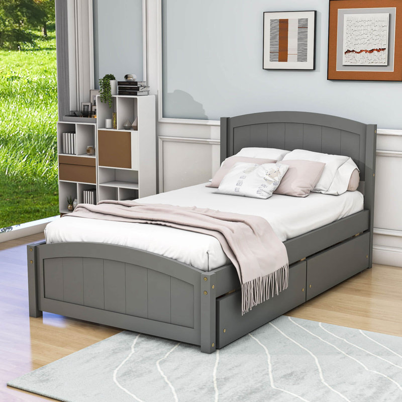 Lit plateforme simple avec tête de lit à 2 tiroirs Divyansh, gris