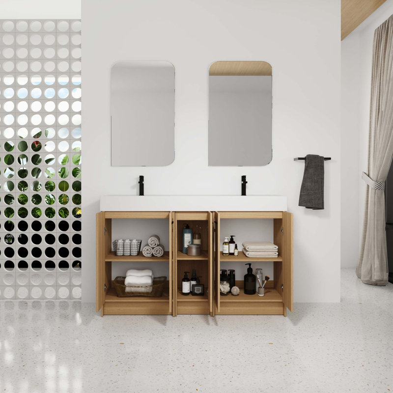 Meuble-lavabo autoportant à double cuve avec rangement très grand et portes à fermeture en douceur