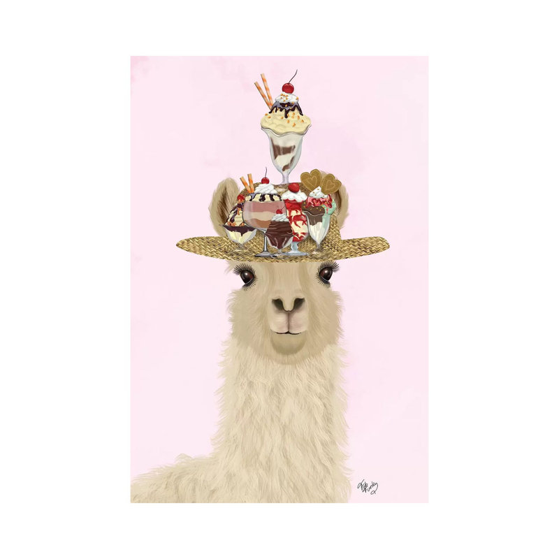 «Llama Ice Cream Hat» par Fab Funky - impression d'art graphique, Aucun mat, H 40 po x l 26 po x P 1,5 po, Toile tendue