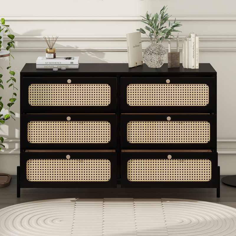 Commode 6 tiroirs avec tiroirs en rotin naturel