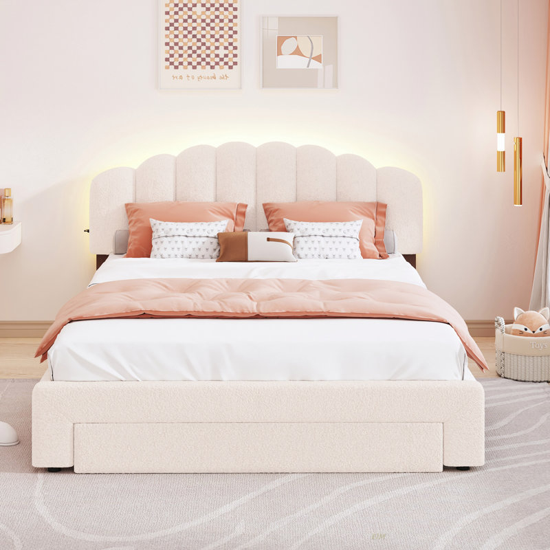 Upholstered Bed Frame With LED Lights, Modern Upholstered Princess Bed With Crown Headboard (Bed), Beige, Queen