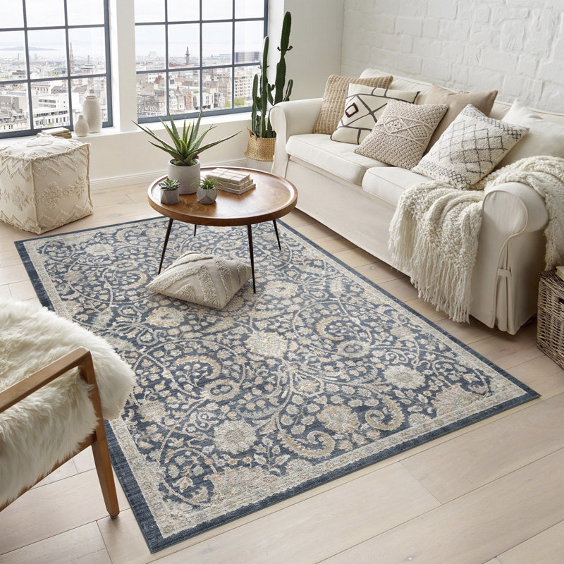 Washable Living Room Traditional Area Rug – Soft Polypropylene Weaving, Low Pile, Non Slip Cotton Backing for Elegant Indoor Spaces, Navy