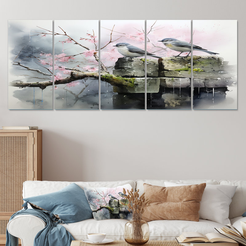 «Gray and Pink Spring Songbirds Blooms - Landscape», ensemble d'art mural 5 pièces, H 28 po x l 60 po