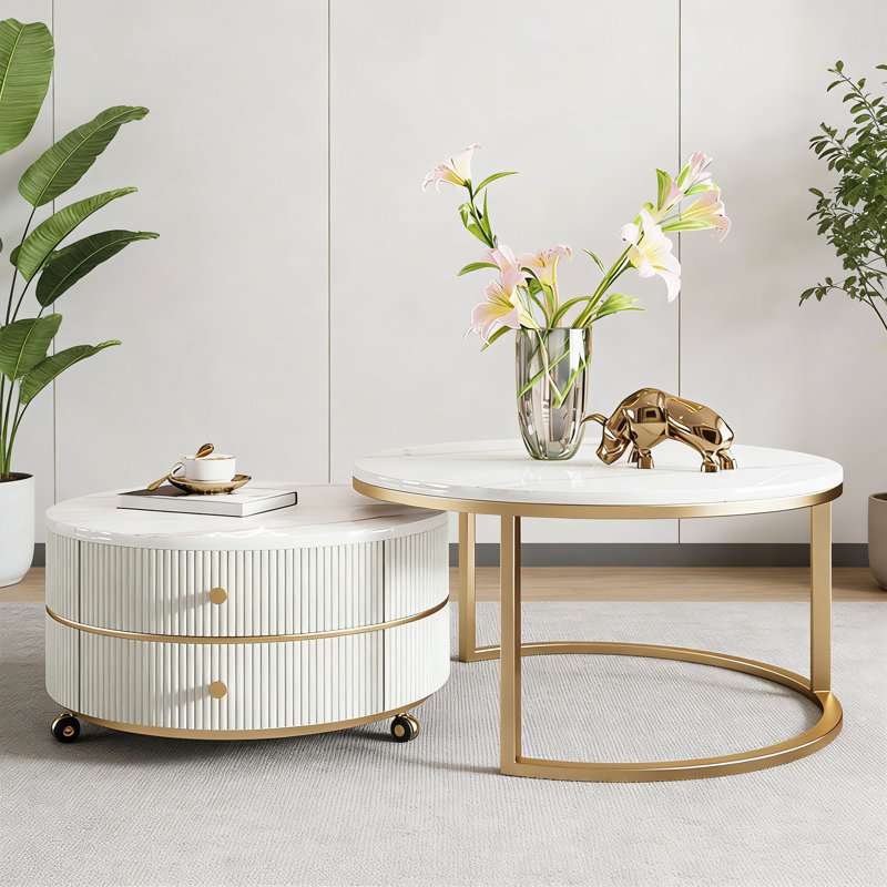 Table basse Roose 2, Blanc / Doré, H 17,71 po x L 27,55 po x l 27,55 po, Blanc