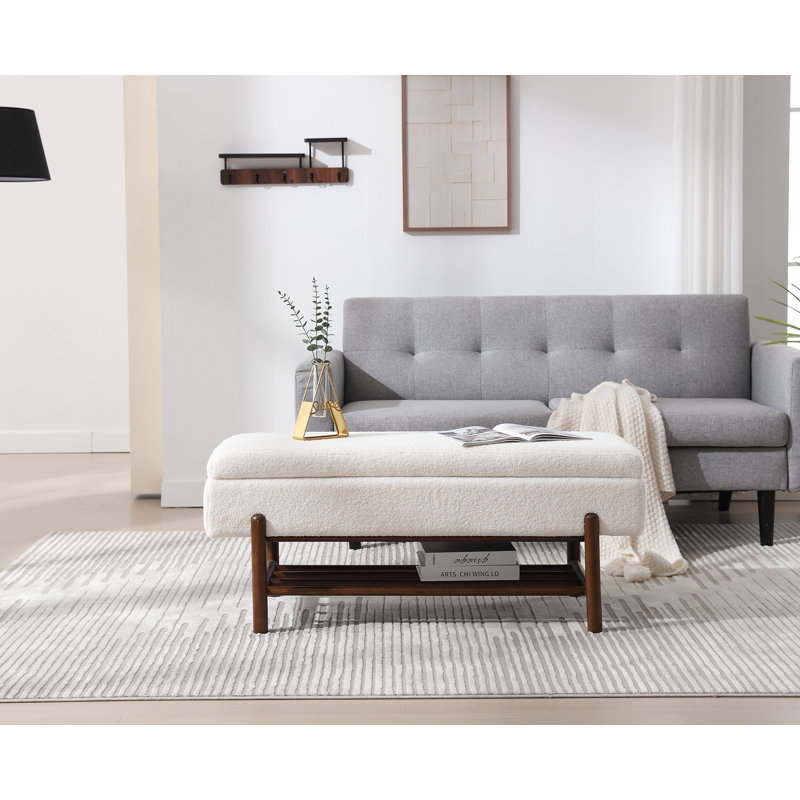 Merizier Polyester Blend Upholstered Storage Bench, White, Walnut