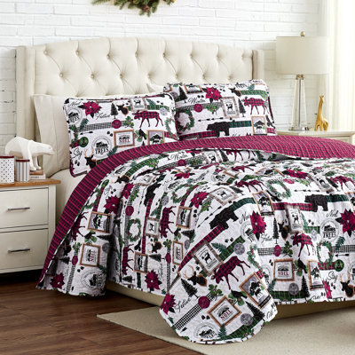 Ensemble de courtepointe réversible en microfibre blanc / vert / rouge Merry Town