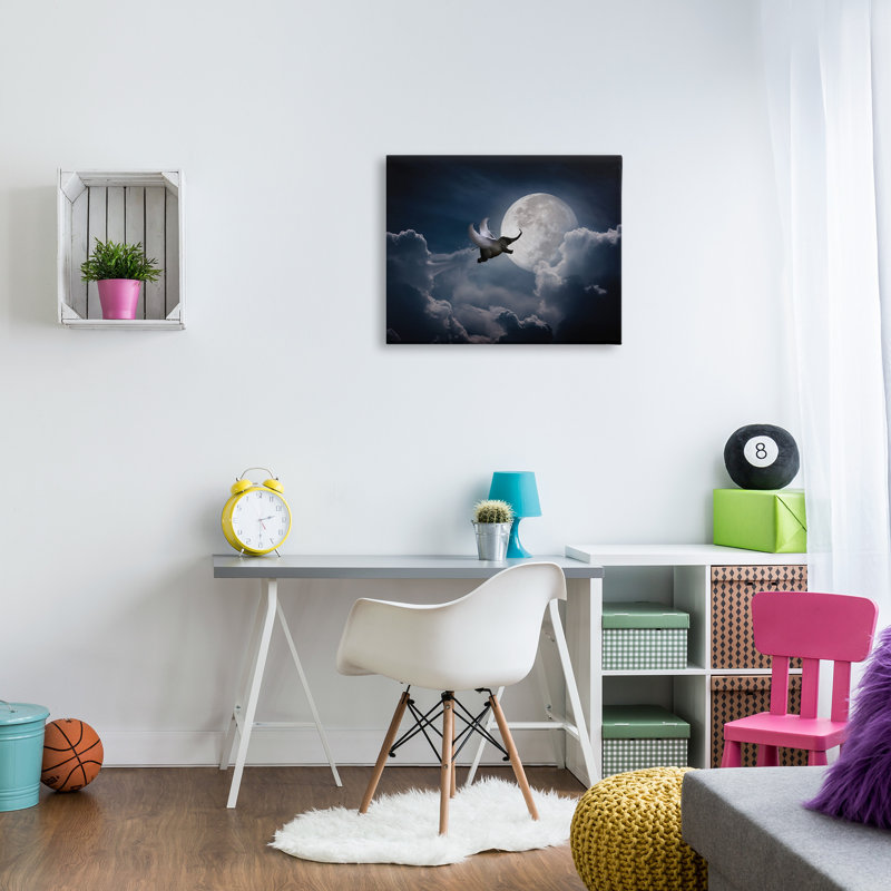 Éléphant volant et lune, art mural par Noble Works, H 24 po x l 30 po x P 1,5 po