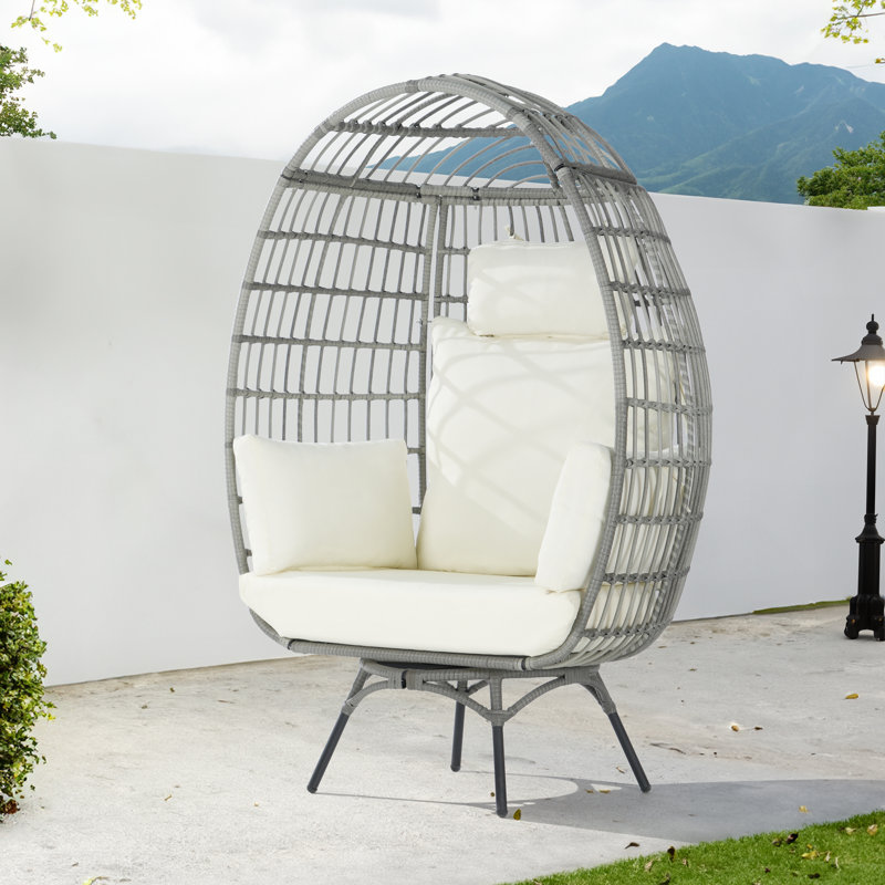 Swivel Wicker Outdoor Lounge Chair, Gray, Beige