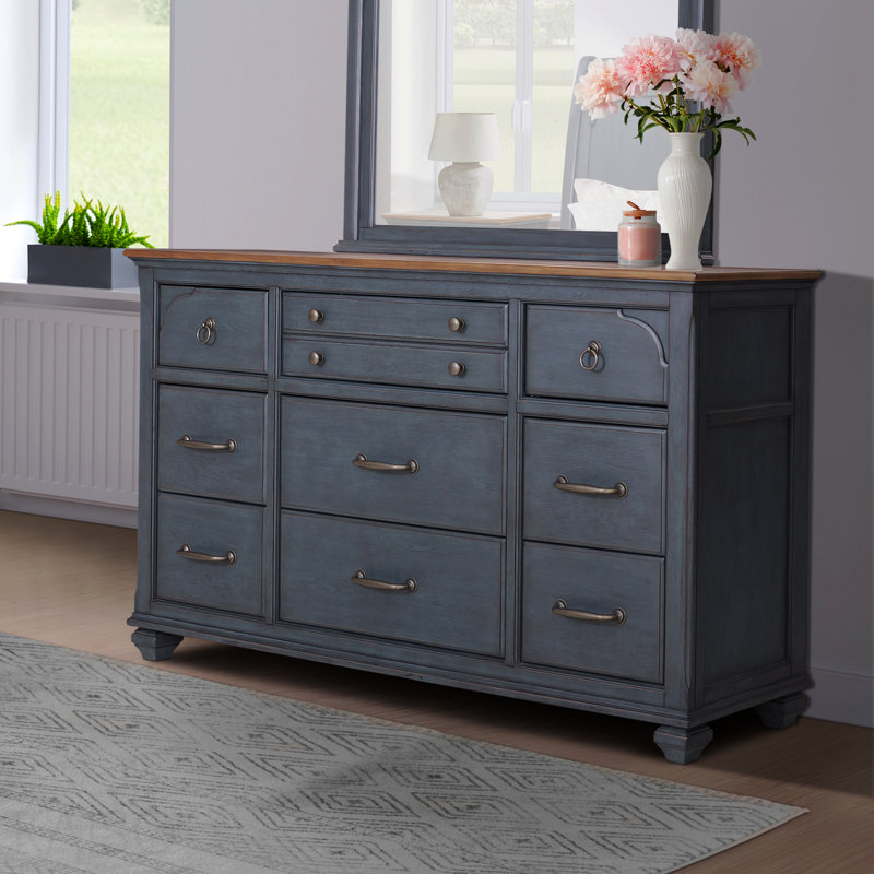 Commode 9 tiroirs Americana, aucun assemblage requis, finition bleu velours côtelé