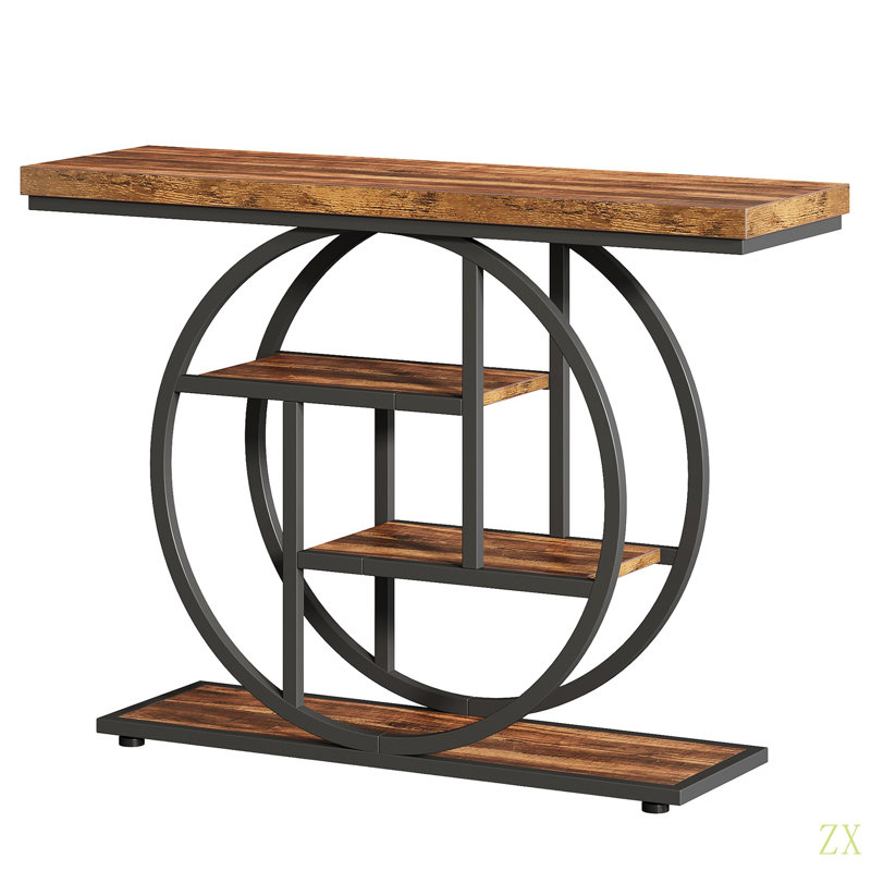 41.3" Industrial Console Table, 4-Tier Sofa Table With Unique Circle Metal Frame & Storage Shelves, Narrow Entryway Accent Table For Living Room, Hallway, Foyer