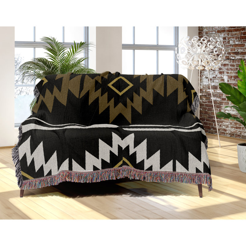 Couverture en mélange de coton Wapi South Western, Noir / or terne / blanc cassé, L 70 po x l 50 po