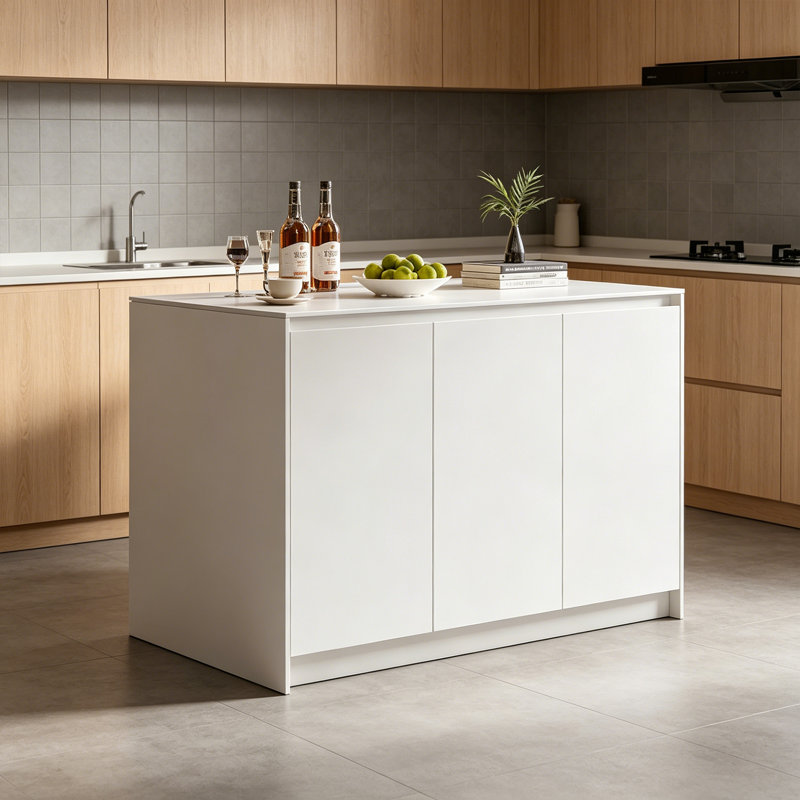 Îlot de cuisine moderne avec plateau en pierre frittée, grande armoire multifonctionnelle pour îlot de rangement, table de cuisine contemporaine avec armoires et étagères pour un usage domestique